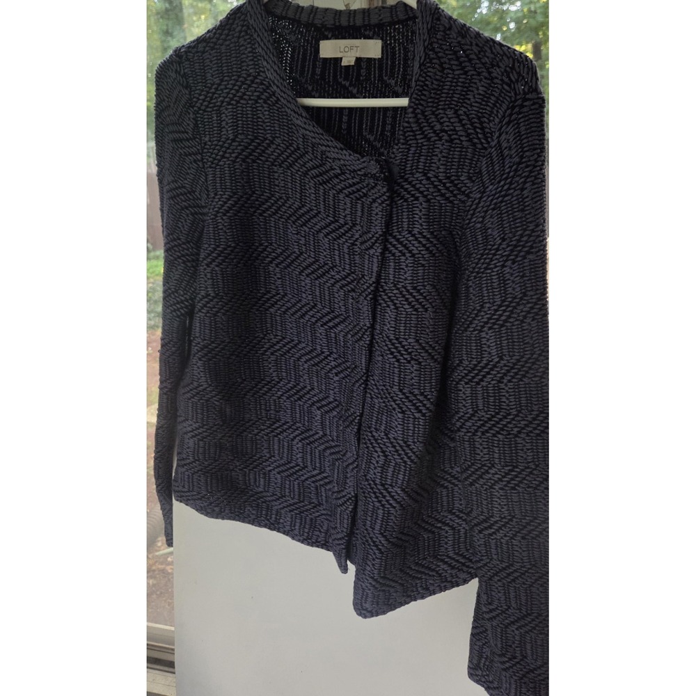 Ann Taylor LOFT Jacket SZ Lg Maze Chunky Knit Moto in Blue Sea Zipper Front EUC